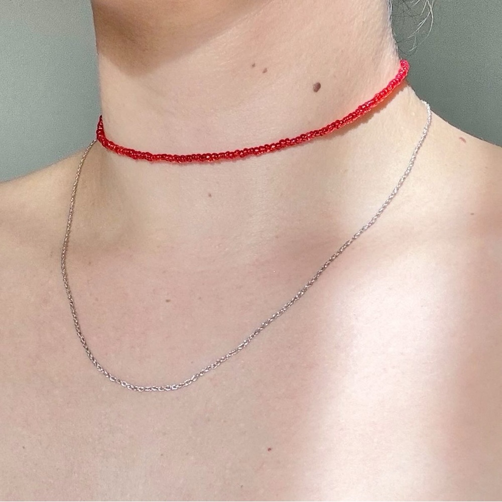 Red Seed Bead Choker Beaded Necklace
